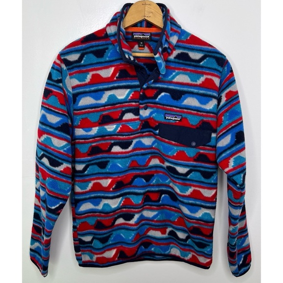 PATAGONIA Delta Navy Blue and Red Wave Printed Snap T Synchilla Fleece - Picture 1 of 5